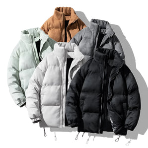 Men's and women's pastel lightweight hooded puffer jacket shown as winter outerwear, featuring long sleeves and a cozy collar design suitable for cold weather.