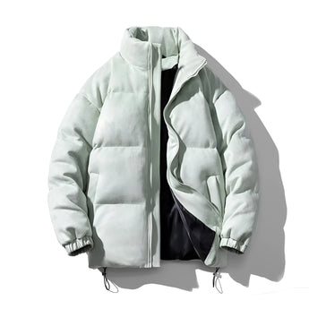 Pastel lightweight hooded puffer jacket for men and women, featuring long sleeves and a comfortable hood.