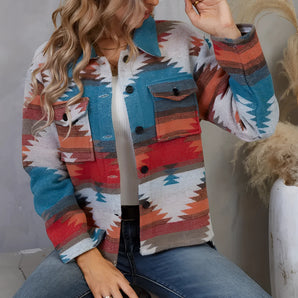 Southwestern Aztec Print Women's Denim Jacket featuring a bohemian fall fashion design, modeled by a woman with shoulder-length hair wearing sunglasses.