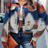 Southwestern Geometric Women's Button-Up Jacket featuring a bold geometric pattern, styled for fall street fashion, showing a model wearing the jacket with emphasis on the shoulders, arms, and neckline.