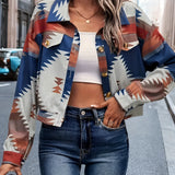 Southwestern Geometric Women's Button-Up Jacket featuring a fall street style design, worn by a model pairing it with jeans and sunglasses.