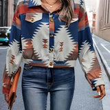 A woman wearing a Southwestern geometric patterned button-up jacket, styled for fall street fashion, paired with jeans and sunglasses. The jacket features long sleeves and a tartan-inspired design.