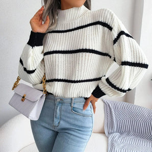 White and grey striped turtleneck knitted sweater for women, featuring long sleeves and a comfortable fit suitable for fall and winter fashion in size 2XL.