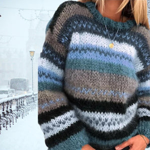 Blue and grey striped woolen pullover with chunky knit pattern, designed as a winter sweater for women, in size 3XL. The sweater features long sleeves and a cozy texture ideal for cold weather.