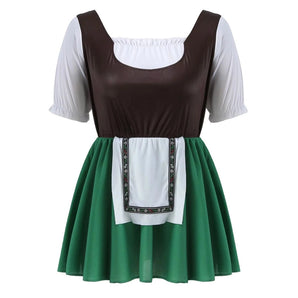 Traditional Bavarian Dirndl dress for women, designed for Oktoberfest, featuring classic elements like a fitted bodice, sleeveless design, and flared skirt.