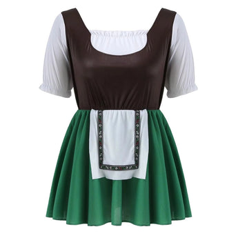 Traditional Bavarian Dirndl dress for women, designed for Oktoberfest, featuring classic elements like a fitted bodice, sleeveless design, and flared skirt.