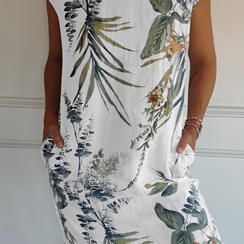 Tropical Print Sleeveless Shift Dress in white, designed for women as summer beachwear, featuring a sleeveless design with a round neckline, suitable for casual daytime wear.