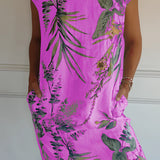 Purple tropical print sleeveless shift dress for women, featuring a round neckline and designed as a comfortable one-piece garment suitable for summer beachwear.