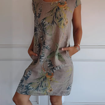 Women's brown sleeveless shift dress with a tropical print, designed for summer beachwear, shown in size 3XL.