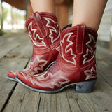 Turquoise suede cowboy boots for women featuring intricate western embroidery, shown in a red color variant in a size 43, styled outdoors on a wooden surface with a focus on the lower leg displaying the boots' fit and fashion appeal.