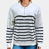 White and black monochrome striped crew neck knit sweater for women in an XL size, featuring long sleeves and a pattern design.