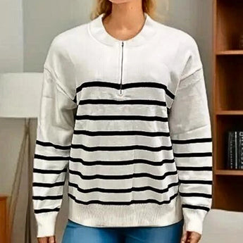 White and black striped crew neck knit sweater for women with long sleeves, displayed on a white background.