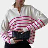 White and black monochrome striped knit sweater for women with a crew neck design, styled in a rose color and size XL, showcasing long sleeves and a comfortable fit suitable for casual or semi-formal wear.