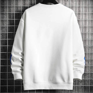 Men's urban streetwear white crewneck sweatshirt featuring blue sleeves, made from jersey fabric with a classic collarless design.