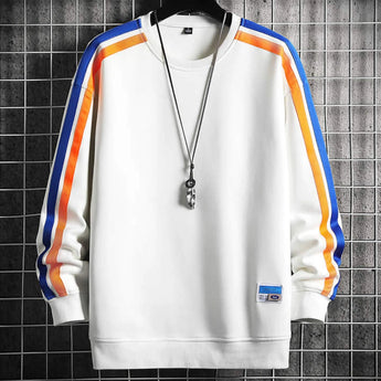 Men's urban streetwear white crewneck sweatshirt with blue sleeves, featuring a simple design. The garment has a white jersey fabric and a classic crew collar, capturing a casual sportswear style.