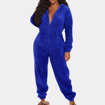 White fluffy jumpsuit for women in blue, size XL, featuring long sleeves, a collar, and a cozy plush texture suitable for winter wear.