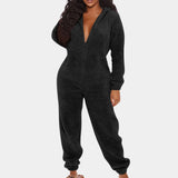 Women's black XL fluffy jumpsuit with long sleeves and a cozy plush texture, featuring a collar and defined waist, designed for winter wear.