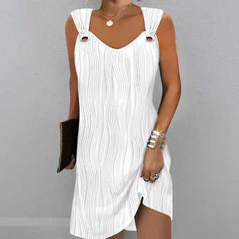 White sleeveless mini dress featuring a casual and fashionable design, ideal for summer wear.