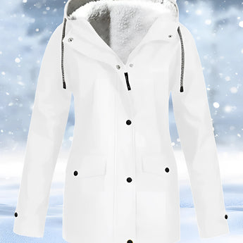 White winter waterproof fleece-lined women's parka in size 4XL, featuring long sleeves and a high collar for insulation and breathability.