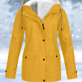 Yellow winter waterproof fleece-lined women's parka in size 4XL, featuring a full-length coat design with sleeves, a collar, and insulated breathable material.