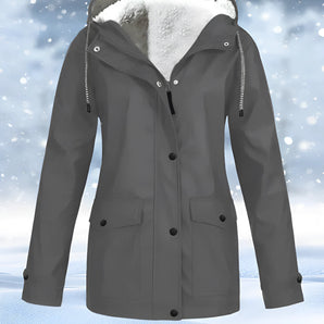 Gray winter waterproof fleece-lined women's parka in size 4XL, featuring long sleeves and a high collar, designed for warmth and breathability in snowy conditions.