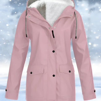 
A pink women's parka in size 4XL, featuring a fleece-lined interior for insulation and a waterproof outer layer. The jacket has long sleeves, a high collar, and is designed for winter weather, combining warmth with breathability.