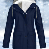 
A marine blue winter waterproof fleece-lined women's parka in size 4XL, featuring a high collar, long sleeves, and insulated material designed for breathability and protection against snow.