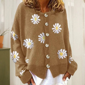 Avencea - Women's Warm Knitted Cardigan with Buttons and Floral Pattern