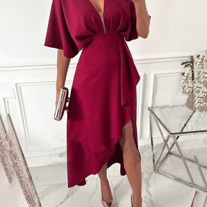 Mid-length, solid-colored dress for women with a split V-neck and short sleeves, elegant fashion for cocktail parties