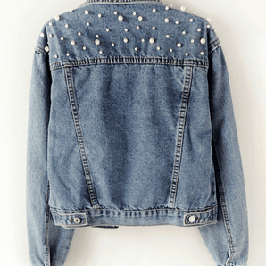 Avencea Denim Jacket, Buttoned Pockets, Rhinestone Bead Trim, Notched Collar, Long Sleeves, Women's Fashion, Casual, Modern, Oversized