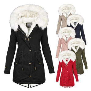 Avencea - Long winter coat with hood and fur collar for women