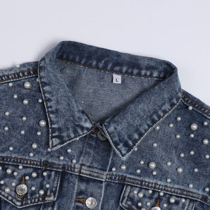 Avencea | Elegant Denim Jacket with Pearl Embellishments